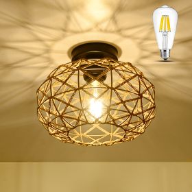 Hand Woven Rattan Flush Mount Light with Dimmable LED Bulb