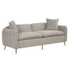 77.5" Velvet Upholstered Sofa with Armrest Pockets; 3-Seat Couch with 2 Pillows and Golden Metal Legs for Living Room; Apartment; Home Office; Gray