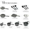 18-Piece Nonstick Cookware Set; Steel Gray with pots, frying pans, sauce pan, Ladles, saute pan