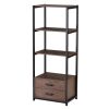 Home Office 4-Tier Bookshelf; Simple Industrial Bookcase Standing Shelf Unit Storage Organizer with 4 Open Storage Shelves and Two Drawers; Brown