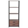 Home Office 4-Tier Bookshelf; Simple Industrial Bookcase Standing Shelf Unit Storage Organizer with 4 Open Storage Shelves and Two Drawers; Brown