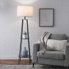 Etagere Matte Black Floor Lamp, with 2 Wood Shelves, Black Color