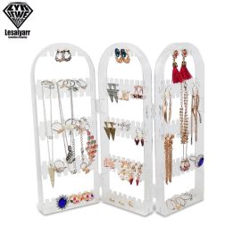 2/3/4 Fans Panels Screen Folding Clear Earrings Studs Display Rack Necklace Jewelry Shelf Stand Holder Organizer Storage Box (Color: 3C-180 Holder)