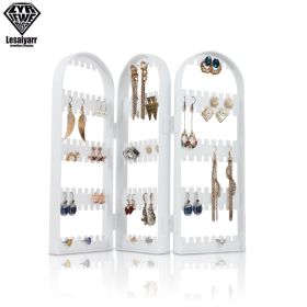 2/3/4 Fans Panels Screen Folding Clear Earrings Studs Display Rack Necklace Jewelry Shelf Stand Holder Organizer Storage Box (Color: 3W-180 Holder)