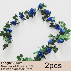 2pcs Fake Rose Vine Flowers Garland Plant Artificial Flower Wall Hanging Flower Rattan Fake Plant Leaf Wedding Home Garden Decor (Color: Blue, Ships From: CN)