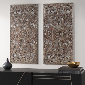 Botanical Panel Distressed Carved Wood 2-piece Wall Decor Set (Color: as Pic)