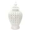 White Ceramic Ginger Jar Vase with Decorative Design and Removable Lid