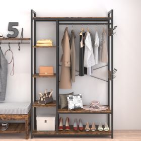 Free-Standing Closet Organizer with Storage Box & Side Hook;  Portable Garment Rack with 6 Shelves and Hanging Rod;  Black Metal Frame&Rustic Board Fi (Color: Rustic Brown)