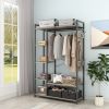 Free-Standing Closet Organizer with Storage Box & Side Hook;  Portable Garment Rack with 6 Shelves and Hanging Rod;  Black Metal Frame&Rustic Board Fi