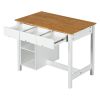 Farmhouse 3-piece 45" Stationary Rubber Wood Kitchen Island Set with 2 Seatings, Butcher Block Dining Table Set Prep Table Set with 2 Shelves and 3 Dr