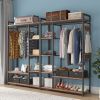 Free-Standing Closet Organizer with Storage Box & Side Hook;  Portable Garment Rack with 6 Shelves and Hanging Rod;  Black Metal Frame&Rustic Board Fi