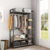 Free-Standing Closet Organizer with Storage Box & Side Hook;  Portable Garment Rack with 6 Shelves and Hanging Rod;  Black Metal Frame&Rustic Board Fi