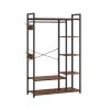 Free-Standing Closet Organizer with Storage Box & Side Hook;  Portable Garment Rack with 6 Shelves and Hanging Rod;  Black Metal Frame&Rustic Board Fi