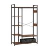 Free-Standing Closet Organizer with Storage Box & Side Hook;  Portable Garment Rack with 6 Shelves and Hanging Rod;  Black Metal Frame&Rustic Board Fi