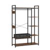 Free-Standing Closet Organizer with Storage Box & Side Hook;  Portable Garment Rack with 6 Shelves and Hanging Rod;  Black Metal Frame&Rustic Board Fi